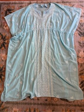 Sam Hilu Sheer Sequin Kaftan Dress Turquoise